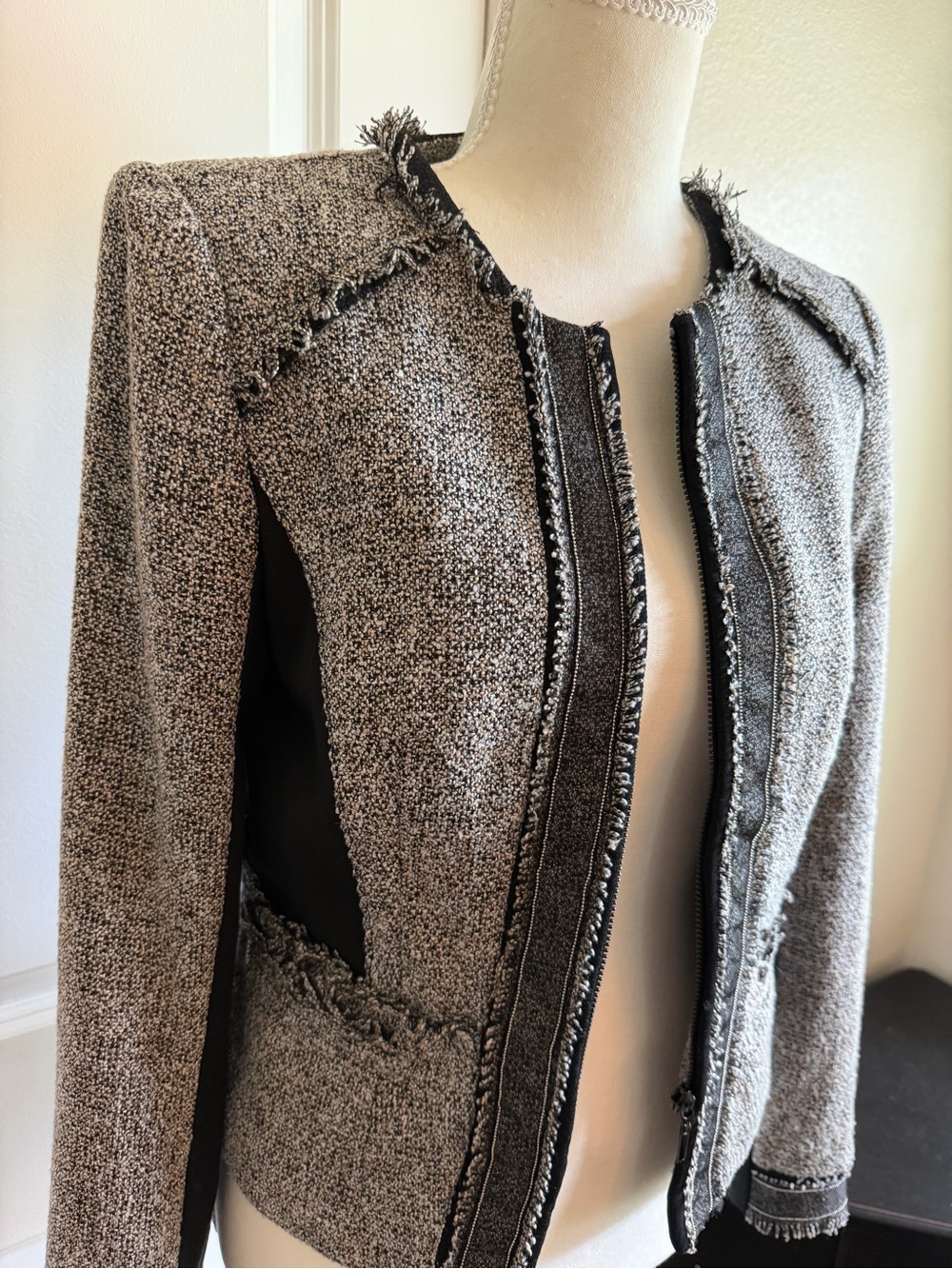 White House Black Market Black and Gray Tweed Fringe Zip Blazer - Picture 4 of 12